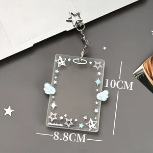 Portatarjetas de acrílico con alas de ángel azul y blanco con llavero de estrella