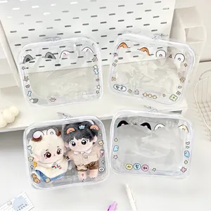 Detail of transparent PVC cartoon doll storage bags with waterproof zippers and cute prints