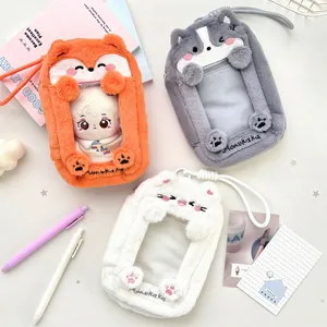 Plush animal fox and cat storage bags with clear windows and lanyard straps