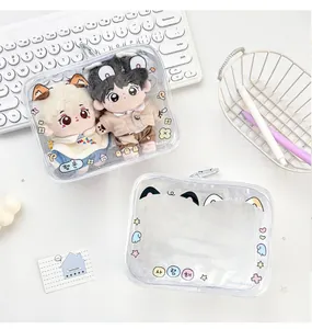 Detailed view of clear PVC storage bag with cute plush toys and Lucky text print