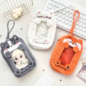 Cute plush animal card holder pouch in cat and fox designs with clear window and lanyard