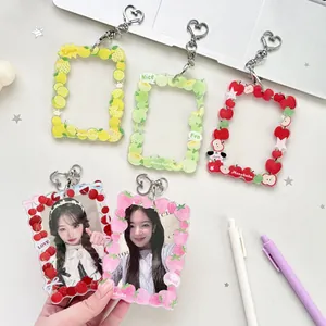 Colorful acrylic fruit themed photocard holders with heart clips for kpop idols