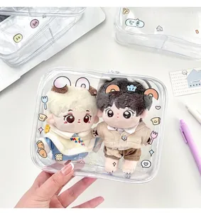 Detail of transparent PVC plush doll carrier bag with cute cartoon prints and plush dolls