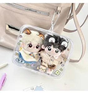 Close-up of a clear PVC zipper bag with cute animal cartoon prints for plush doll storage