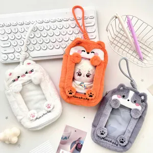 Plush animal card holders featuring white cat, orange fox, and grey husky with lanyards