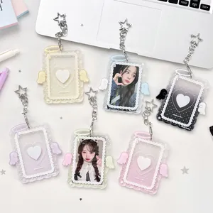 Angel Wings Acrylic Photocard Sleeve With Star Keychain Cute Heart Wave Edge Idol Card Holder Protector For Girls Women