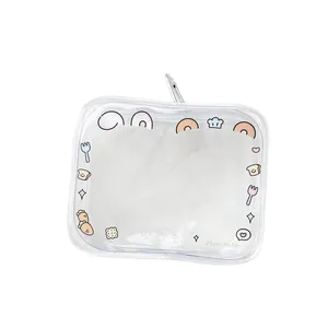 Clear PVC square pouch with cute cartoon food illustrations and silver metal hook