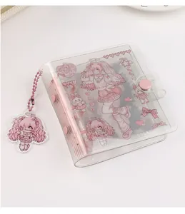 Detail of 3-ring mini PVC photo album with pink cartoon girl cover and keychain