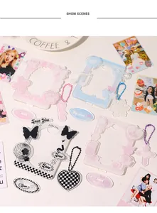 Macro display of acrylic photocard holders with various cute themes and stand bases