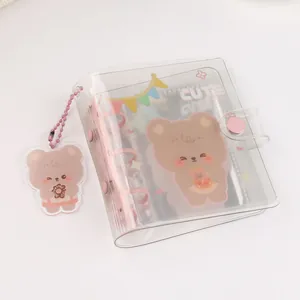 Transparent PVC 3-ring binder photo album with cute bear print and pink metal hardware