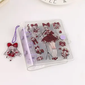Cute transparent PVC cartoon bear 3-hole binder photo album with purple ring and heart charm