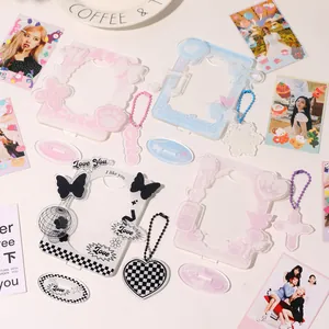 Acrylic Small Card Display Stand Pink Blue Butterfly Heart Checkerboard Photo Frame Card Holder With Base Bead Chain Desktop Decor For K-pop Photo Cards