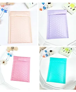 Detailed four-panel view of colorful bubble mailers in cream, purple, pink and blue