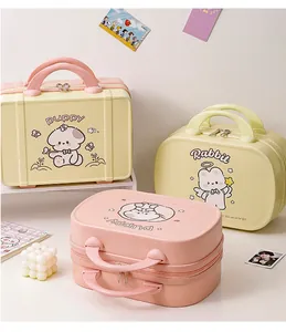 Close-up of portable cartoon puppy vanity cases with dual zippers and handles