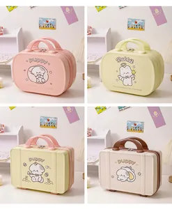 Close-up of cute cartoon puppy and rabbit print vanity cases with sturdy metal zippers
