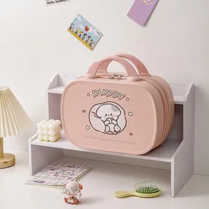 Pink cartoon puppy makeup bag with large capacity handle and double zipper closure