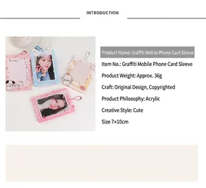 Detail view of acrylic photocard holder with cartoon doodles and size specifications