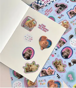Detailopname van schattige Y2K-kattenstickers met decoratieve zinnen op notitieboek