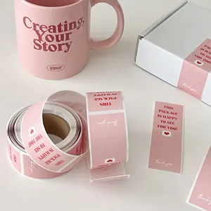 Pink rectangular seal stickers with 'Happy to see you too' text for package sealing