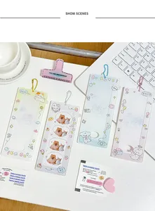 Detail view of 4 cute cartoon acrylic photo card holders with metal chains in soft colors