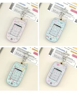 Detailed view of four colorful Y2K retro flip phone acrylic charms with star clasps