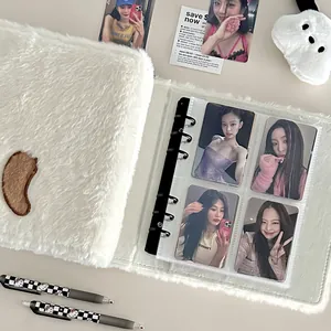 Cute white plush A6 binder photo album with four-grid pockets for photocard storage