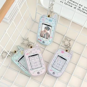 Y2K retro flip phone acrylic card holder keychain with star buckle and cartoon patterns