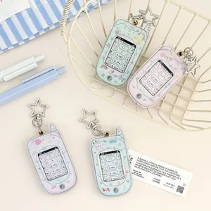 Y2K retro flip phone acrylic card holder keychain in pastel colors with star ring