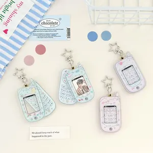 Acrylic Y2K flip phone photo frame keychains with star hooks in pastel macaron colors