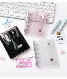 Three-piece set of transparent PVC 6-hole binders in glitter pink, black, and clear finishes
