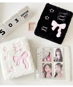 Detail of A6 plush photo card binder with bow embroidery and 3-ring metal loose-leaf