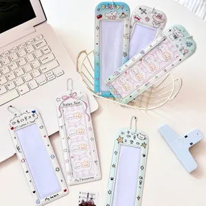 Porte-Carte en PVC à 4 Grilles avec Porte-Clés Chaîne de Perles pour Photocartes Idol Étui de Rangement Photo Transparent Portable