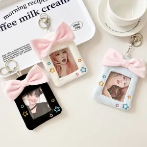 Cute Plush Bowknot Photocard Holder Star Embroidery Idol Photo Card Sleeve With Metal Keychain Decorative Plushie Bag Pendant