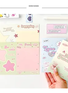 Detail of colorful Y2K aesthetic stationery cards with pastel patterns and star motifs