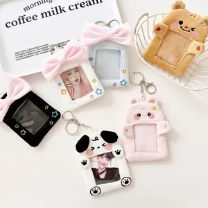 Cute plush photocard holder keychain with bowknot and animal designs for kpop fans