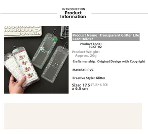 Detailed view of 17.5x6.5cm transparent glitter PVC photocard holder with clover motifs