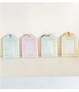 Colorful acrylic ID card holders with cute bows and bead chains in a group display