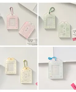 Macro detail of acrylic photocard holders with cute puppies, clovers, and chains