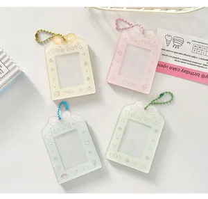 Macro view of macaron acrylic card holders with colorful bead chains and cute bow details