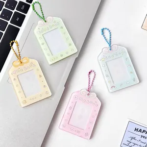 Cute Acrylic Card Sleeve Photo Holder With Bowknot And Metal Chain For ID Cards Bus Cards Cartoon Puppy Cat Pattern Macaron Colors Desktop Decoration