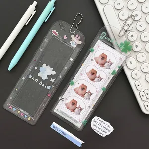 Glitter PVC four-leaf clover photocard holder with cartoon bear and silver bead chain