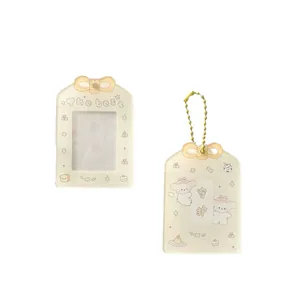 Puppy illustration acrylic card holder with Omamori charm and yellow ball chain