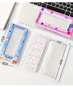 Detail view of colorful cartoon Y2K photocard holders with precise size specifications