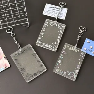 Porte Carte Acrylique Pailleté Transparent Style Ins Avec Clip Métallique Coeur Pour Cartes Photo Cartes Identité Étudiant