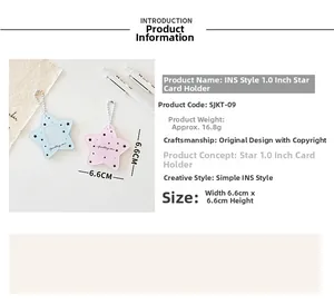 Detailed view of 6.6cm star shaped acrylic photo card holders in blue and pink with metal chains