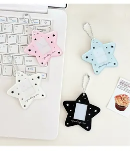 Star-shaped acrylic photo card holders in four colors with sparkling stars print and silver chain