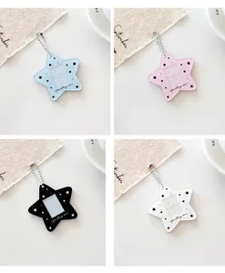 Star-shaped acrylic photo card holders with bead chains in blue, pink, black and white