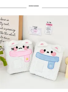Detail of plush animal photo cards folders with soft white fur and cute scarf embroidery