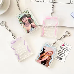 Clear Acrylic Photocard Holder With Bow Ribbon Print Heart Keychain Korean Ins Style Card Sleeve For Idol Photos ID Cards