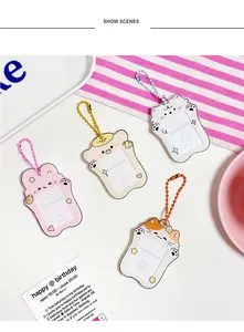 Detailed view of four cute acrylic animal card holders with colorful bead chains